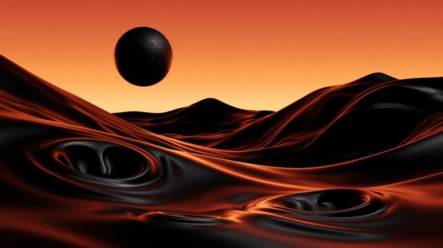 Surreal desert scene with a black orb above flowing black and orange forms under an orange sky, creating a Halloween background with abstract landscape shapes.