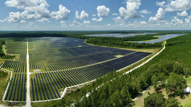Aerial view of Magnolia Solar Farm with rows of photovoltaic panels surrounded by forests under a blue sky, Green Cove Springs, Florida, United States.