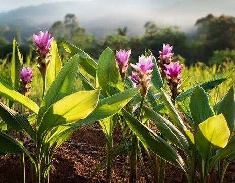 turmeric plants with pink flowers a well known asian curcuma spice