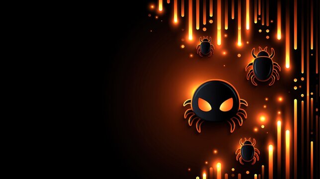 Cyber bug icons with glowing orange glitch lines on a dark background and open copy space for cybersecurity warning text or Halloween threat awareness design.
