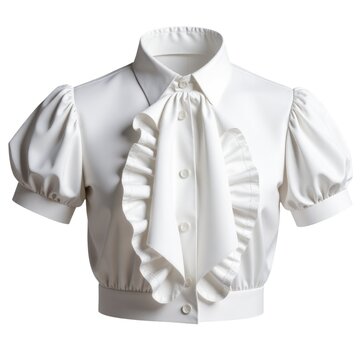 A white blouse with decorative ruffles on a mannequin's neck, great for fashion or retail displays