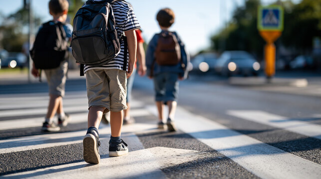 Rear view of three schoolchildren walking together safely across a bright pedestrian crossing marked with fresh white stripes a crossing guard sign visible at the curb road safety