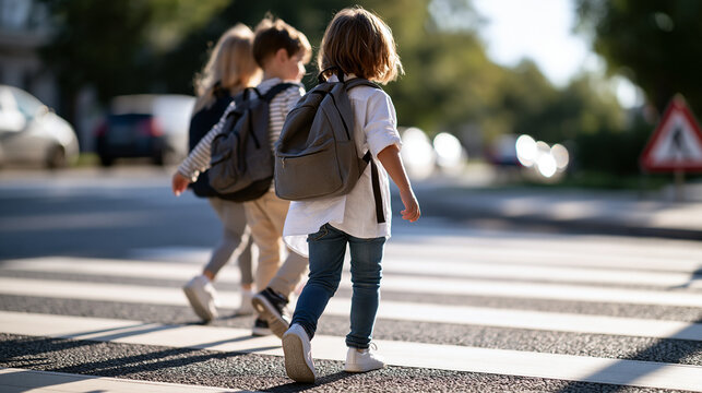 Rear view of three schoolchildren walking together safely across a bright pedestrian crossing marked with fresh white stripes a crossing guard sign visible at the curb road safety