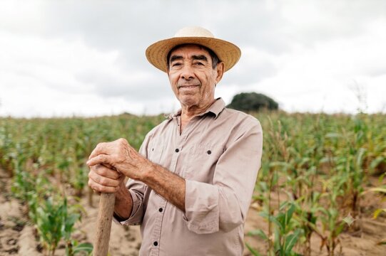 Portrait of a proud senior Brazilian farmer wearing a straw hat, smiling and resting his hands on a wooden tool handle in a green agricultural field.