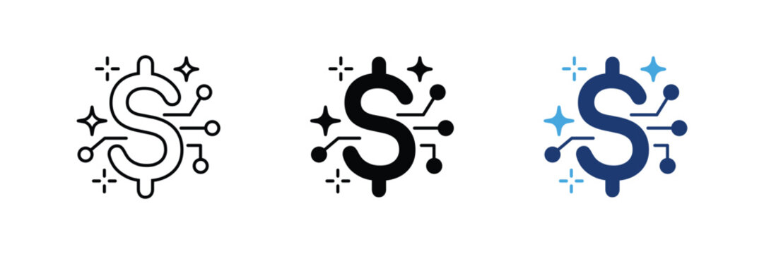 Digital dollar currency symbol with circuit nodes and sparks