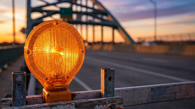 Bright orange construction warning light on a road barrier during a beautiful sunset
