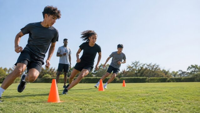 Group of young athletes sprinting in a physical education training session on a grassy field with orange cones marking the course under a clear blue sky