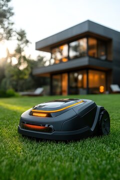 An automatic lawn mower cleans the grass in the garden next to the background of the house