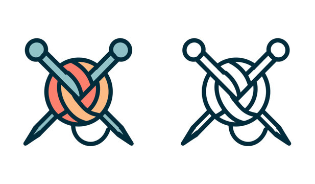 Ball of yarn and knitting needles icon set depicted in color and outline design.