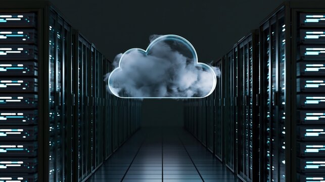 Enterprise data center with server racks and a glowing cloud symbol, representing cloud computing, scalable AI infrastructure, secure data storage and network technology.
