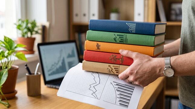 Person holding stack of colorful books with financial charts and laptop in office setting