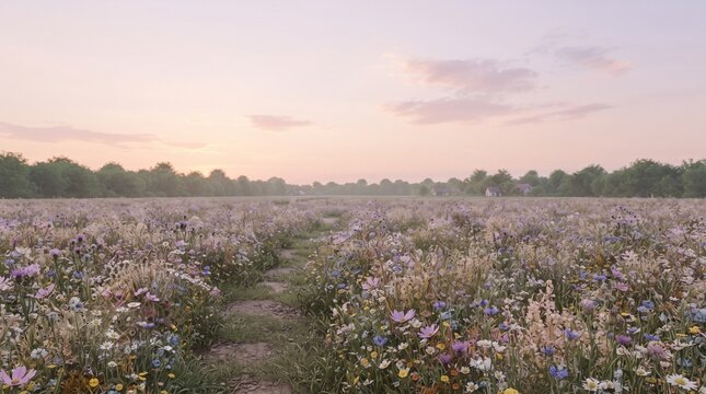 Wildflower field with stone path at sunset