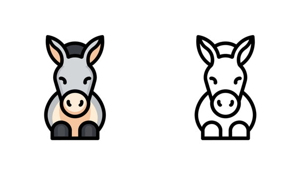 Donkey animal vector icon set with detailed flat color design and outline version.