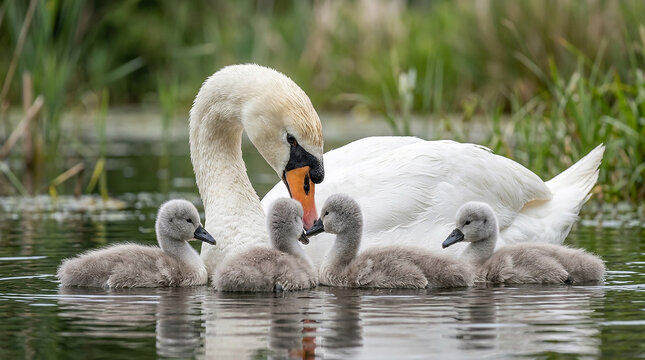 Beautiful white swan mother swimming in a pond with her cute fluffy baby cygnets in spring