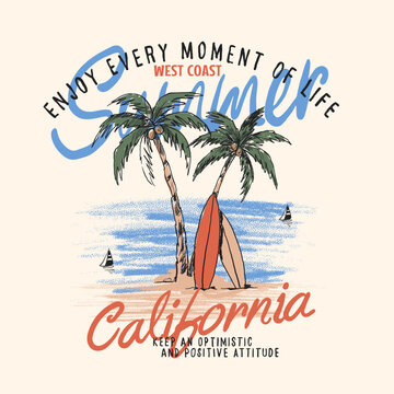 Hand Drawing Palm Tree With Surfboard in Sea Beach Side. West Coast California. Summer Vibes. Typography Slogan in Handwriting font. summer vector Graphics. men's Boys Tee Shirt T-shirt Design.