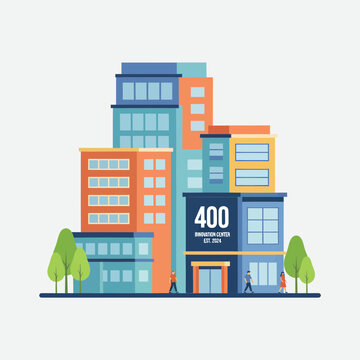Modern colorful innovation center building illustration with people walking outside