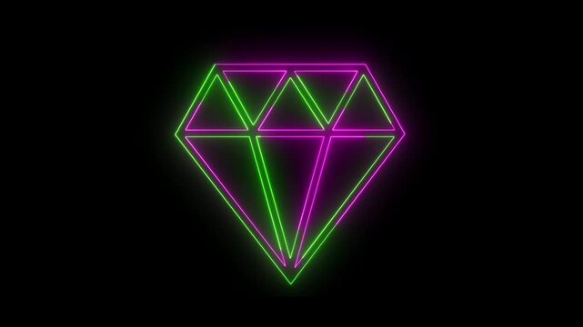 Glowing purple and green neon diamond icon animation loop on black background for luxury, wealth, cyberpunk, premium quality, and VIP status concept vector illustration