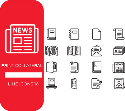 Book and Print Collateral Editable Line Icon Set Publishing, Editorial and Printed Material Outline Vector Collection