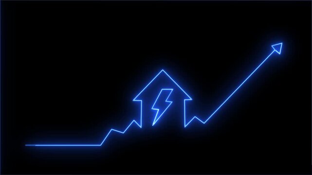 Glowing blue neon house with lightning bolt and rising growth arrow animation loop on black background for increasing electricity costs, power consumption, real estate energy, and smart home concept