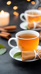 Fototapeta premium Cozy Autumn Tea Time with Cinnamon and Candles.