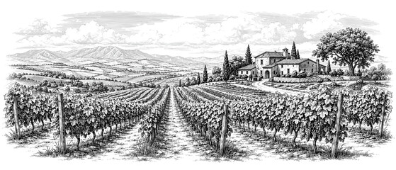 Fototapeta premium Vineyard landscape with Tuscan villa and rolling hills in detailed sketch style