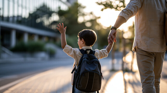 Rear view of father and son walking to school together along a sunlit sidewalk young boy waving goodbye with his backpack bouncing gently back to school commute concept outdoor with