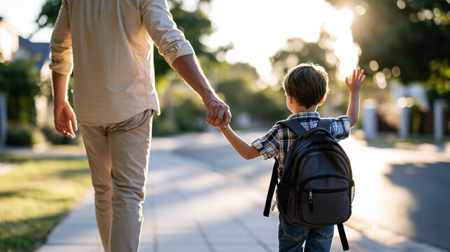 Rear view of father and son walking to school together along a sunlit sidewalk young boy waving goodbye with his backpack bouncing gently back to school commute concept outdoor with