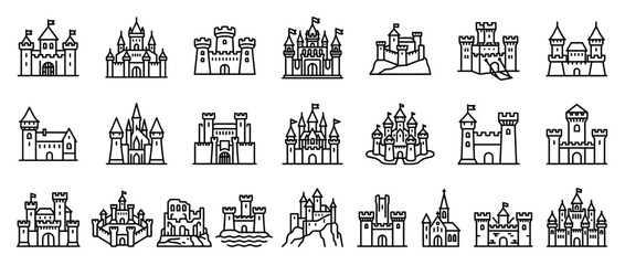 Collection of castle icons and emblems, line art