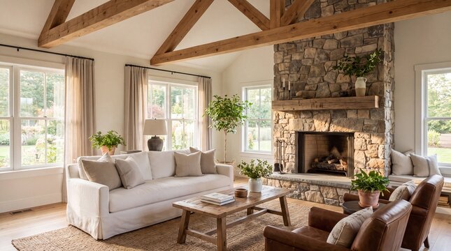 Cozy rustic living room with stone fireplace and exposed wooden beams