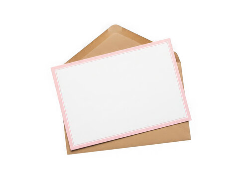 Open brown envelope with a blank white paper card isolated on transparent background