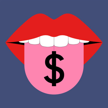 red mouth and white teeth icon sticking out tongue with dollar sign.