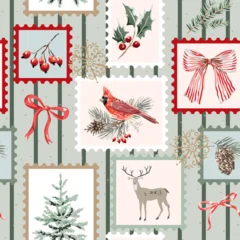 Christmas seamless pattern, stamps, deer animal, cardinal bird, green fir tree, holly twig, berries, pine cone, red bow, stars, striped background. Vector illustration. Festive design. Season greeting © ojardin