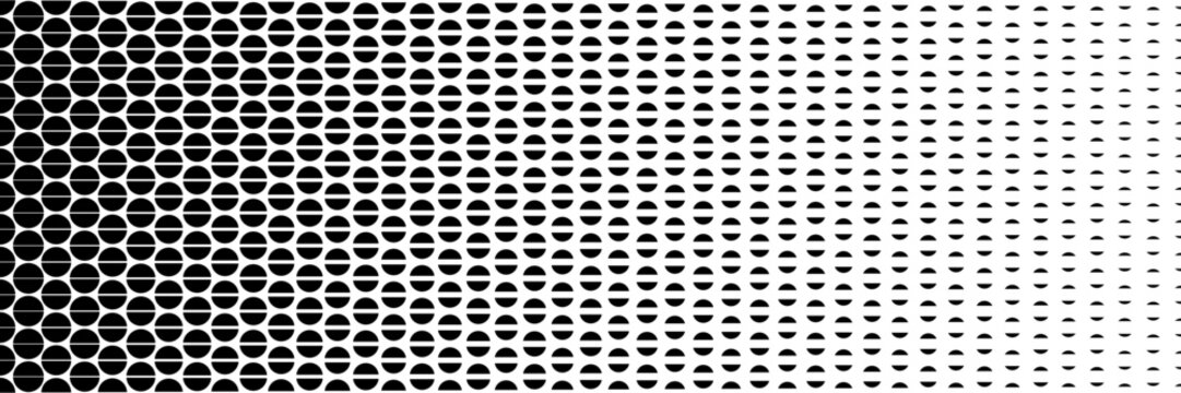 horizontal halftone of black semicircle on white for pattern and background.