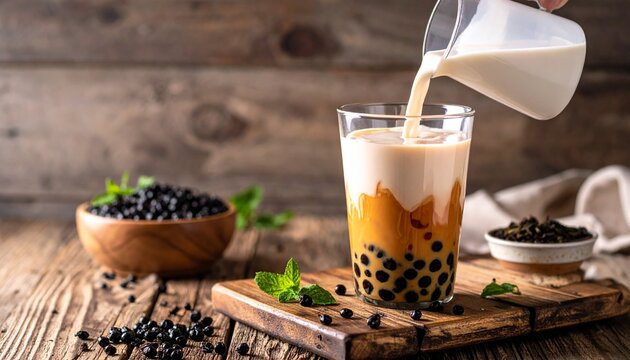 Rustic wooden background with creamy milk tea pouring into glass with tapioca pearls, evoking a cozy laid-back afternoon beverage scene in artisanal tea shop setting
