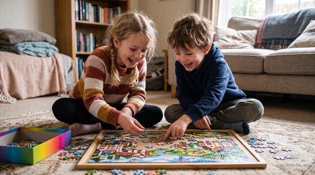 Joyful siblings laughing while assembling a colorful jigsaw puzzle together on the floor at home