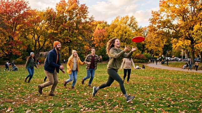 Group of friends playing frisbee in a park during autumn with colorful fall foliage trees