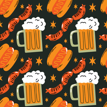Oktoberfest vector seamless pattern with groovy funky cartoon illustration of beer mug, hot dog, sausage, street food and autumn  german beer festival aesthetic 