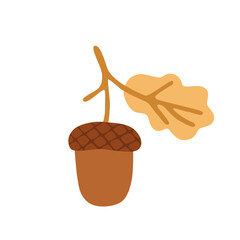 Flat vector illustration of an autumn acorn with a golden oak leaf, featuring warm earthy colors and a cozy seasonal nature aesthetic. © passionastia