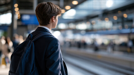 Fototapeta premium Rear view of teenage student in a navy school uniform standing with a backpack on a bright train station platform a train easing into view with soft motion blur daily commute concept