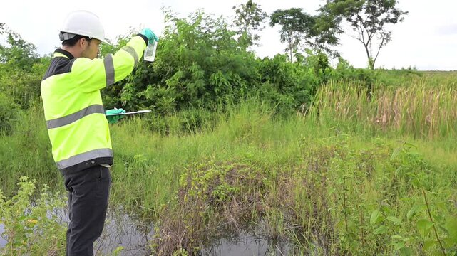 Environmental engineers inspect water quality,Bring water to the lab for testing,Check the mineral content in water and soil,Check for contaminants in water sources.