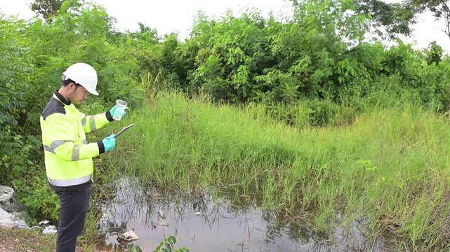 Environmental engineers inspect water quality,Bring water to the lab for testing,Check the mineral content in water and soil,Check for contaminants in water sources.