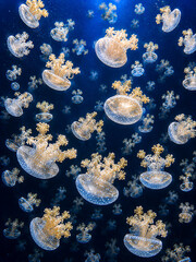 Translucent Spotted Jellyfish Drifting Through Deep Blue Water © Jeremia