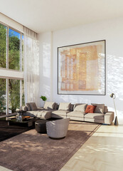 Naklejka premium 3D render, illustration Fan Ventilation Large Luxury modern living room interior, brutalist architecture realistic lighting, Graphic Overlay wide angle, contemporary furniture, clean lines, minimal