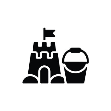 Sandcastle with a flag and sand bucket vector icon. beach fun simple illustration.