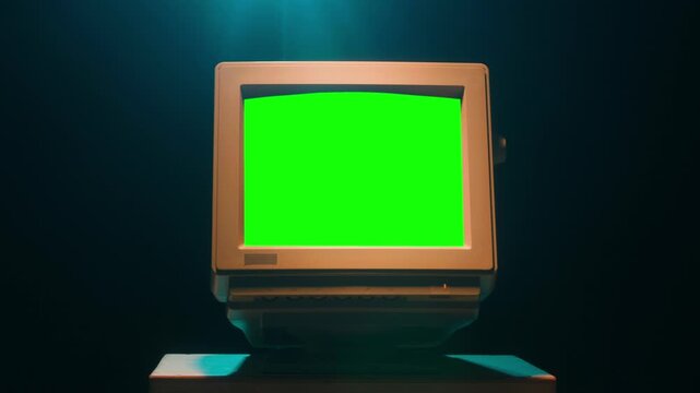 Retro pc computer gaming, Desktop vintage with loading code console, programmer making scripts, green basic screen, Old computer studio close-up, retro wave display, late 90s PC.