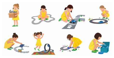 Fototapeta premium Little girl playing with toy car track set and racing cars flat vector illustration collection on white background