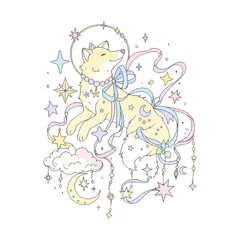 Fototapeta premium Whimsical fox with stars and ribbons, PNG on transparent background.