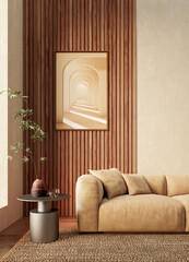 Naklejka premium 3D render, illustration Fan Ventilation Large Luxury modern living room interior, brutalist architecture realistic lighting, Graphic Overlay wide angle, contemporary furniture, clean lines, minimal