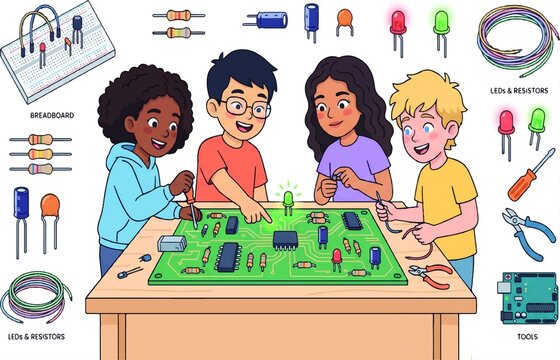 Multicultural kids building electronics circuit project with breadboard, LEDs, resistors, and tools set