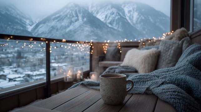 Hotel balcony overlooking snowy mountains with coffee, candles, cozy blanket and Christmas lights. Winter travel getaway for hospitality advertising and seasonal tourism campaigns.